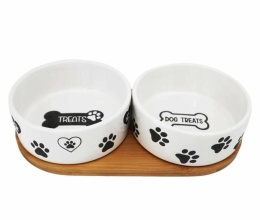 Ceramiczne miski dla psa lub kota na drewnianym stojaku HAPPY DOG