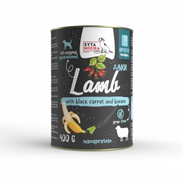 Monoproteinowa karma mokra dla szczeniąt jagnięcina z czarną marchwią i bananem SYTA MICHA 400g