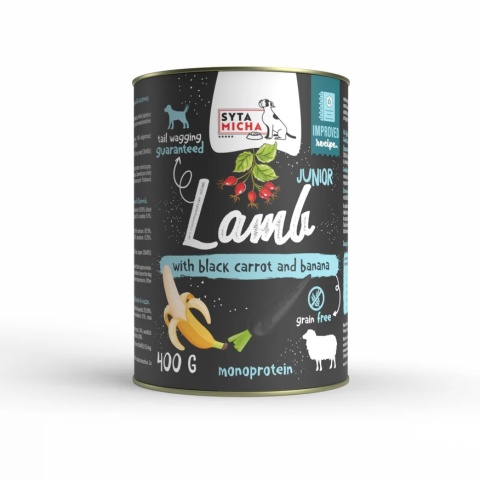 Monoproteinowa karma mokra dla szczeniąt jagnięcina z czarną marchwią i bananem SYTA MICHA 400g