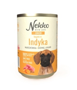 Karma mokra puszka bogata w indyka, marchewkę + siemię lniane NEKKO Junior 400g