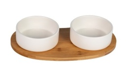 Miska cermiczna podwójna na drewnianej podstawce YARRO biała