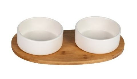 Miska cermiczna podwójna na drewnianej podstawce YARRO biała