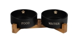 Miska cermiczna podwójna na drewnianej podstawce YARRO czarna